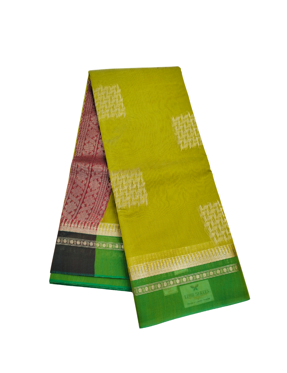 Square motifs with greenish yellow bamboo cotton saree