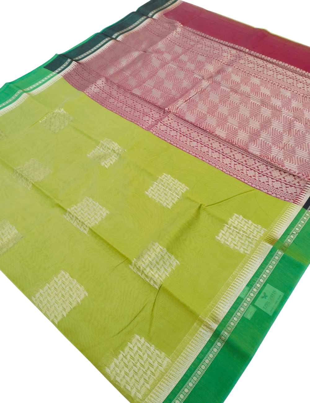 Square motifs with greenish yellow bamboo cotton saree