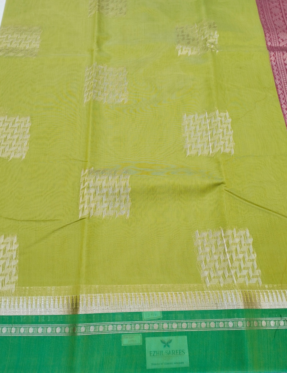 Square motifs with greenish yellow bamboo cotton saree