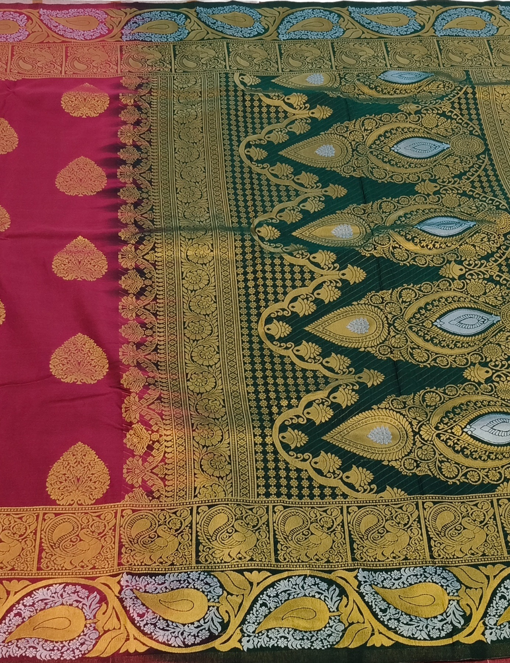 Floral Leaf Motifs With Dark Pinkish Red  Grand Wedding Soft Silk Saree