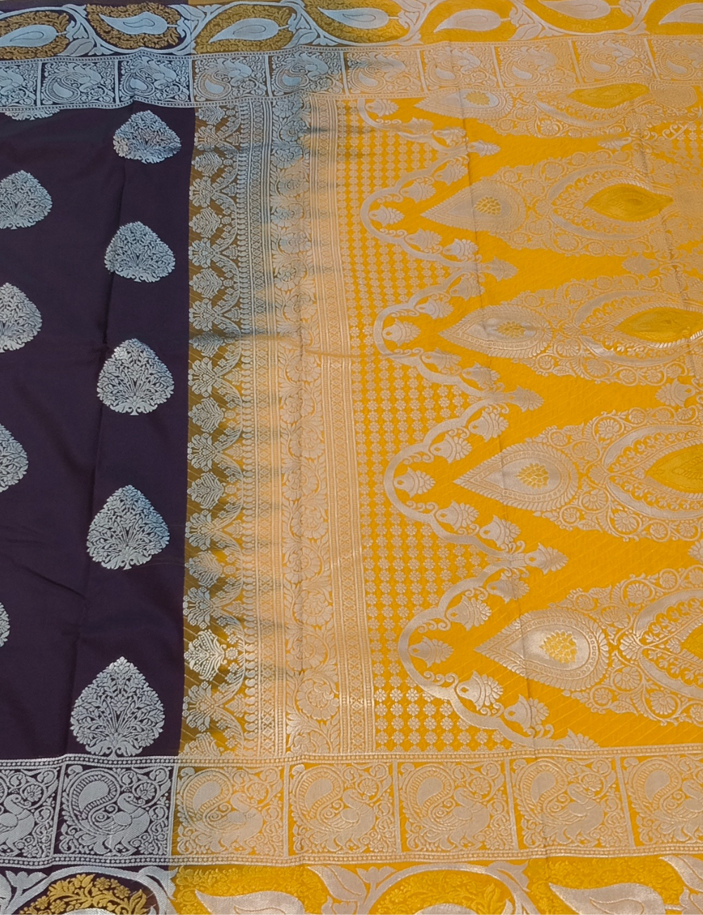 Floral Leaf Motifs With Thunder Purple Grand Wedding Soft Silk Saree