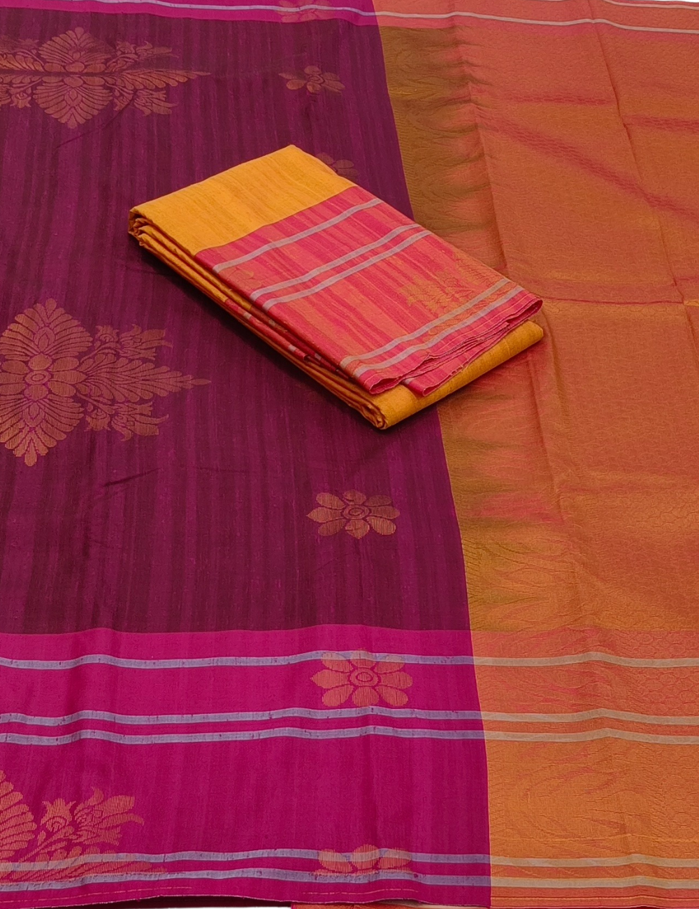 Flower Motifs with Strip Border Yellow And Purple Color Combo Offers Soft Silk Sarees