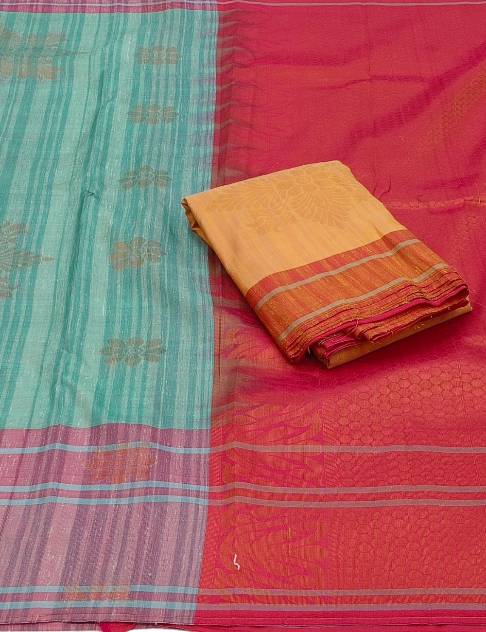 Flower Motifs with Strip Border Waterblue & MustardYellow Color Combo Offers Soft Silk Sarees