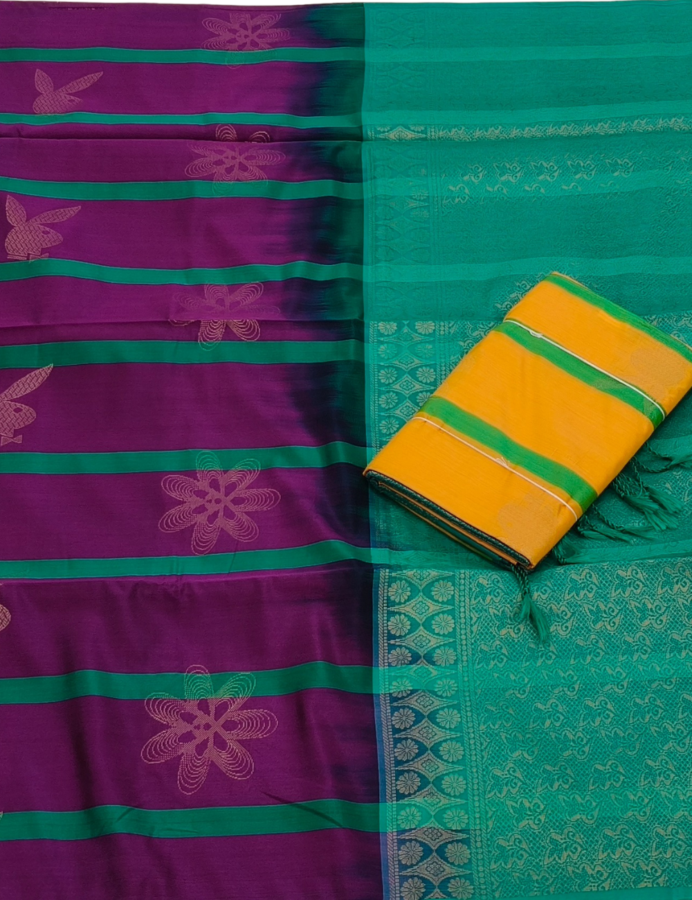 Rabbit motifs With Purple and Yellow Color Combo Offers Soft Silk Sarees