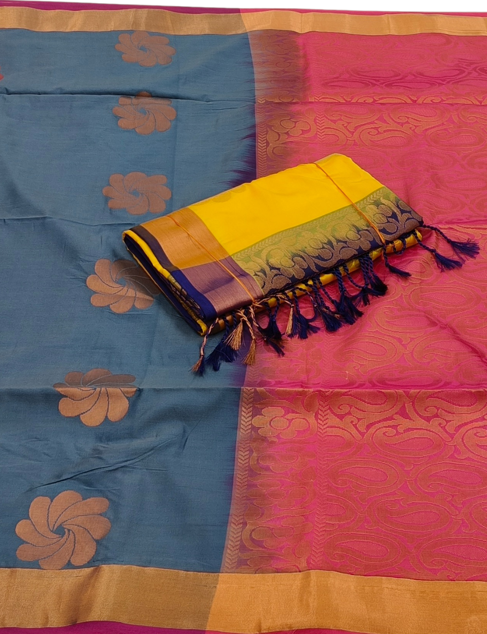 Flower Motifs with Strip Border Yelow & Silverwhite Color Combo Offers Soft Silk Sarees