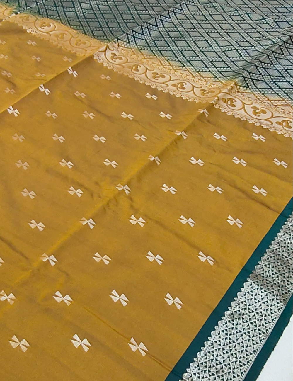 Geometric Flower motifs with mustard yellow colour soft silk