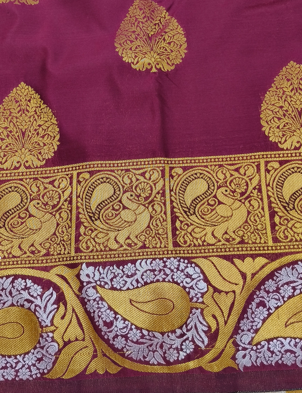 Floral Leaf Motifs With Dark Pinkish Red  Grand Wedding Soft Silk Saree