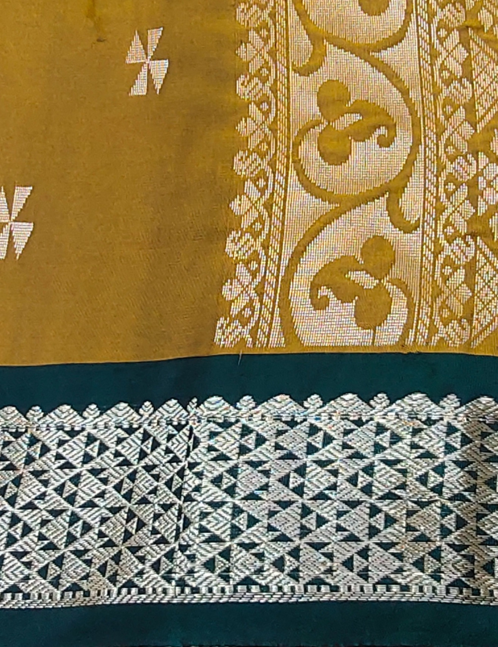 Geometric Flower motifs with mustard yellow colour soft silk