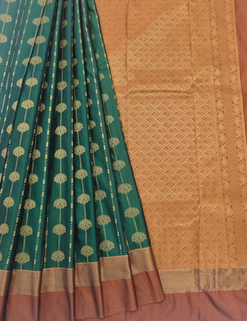 Strip with Flower Design Greenish Cyan  Soft Silk Saree