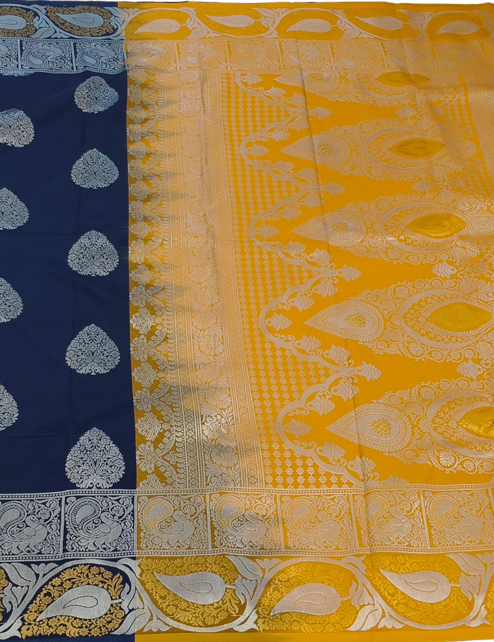 Floral Leaf Motifs With Darker Ink Blue Grand Wedding Soft Silk Saree