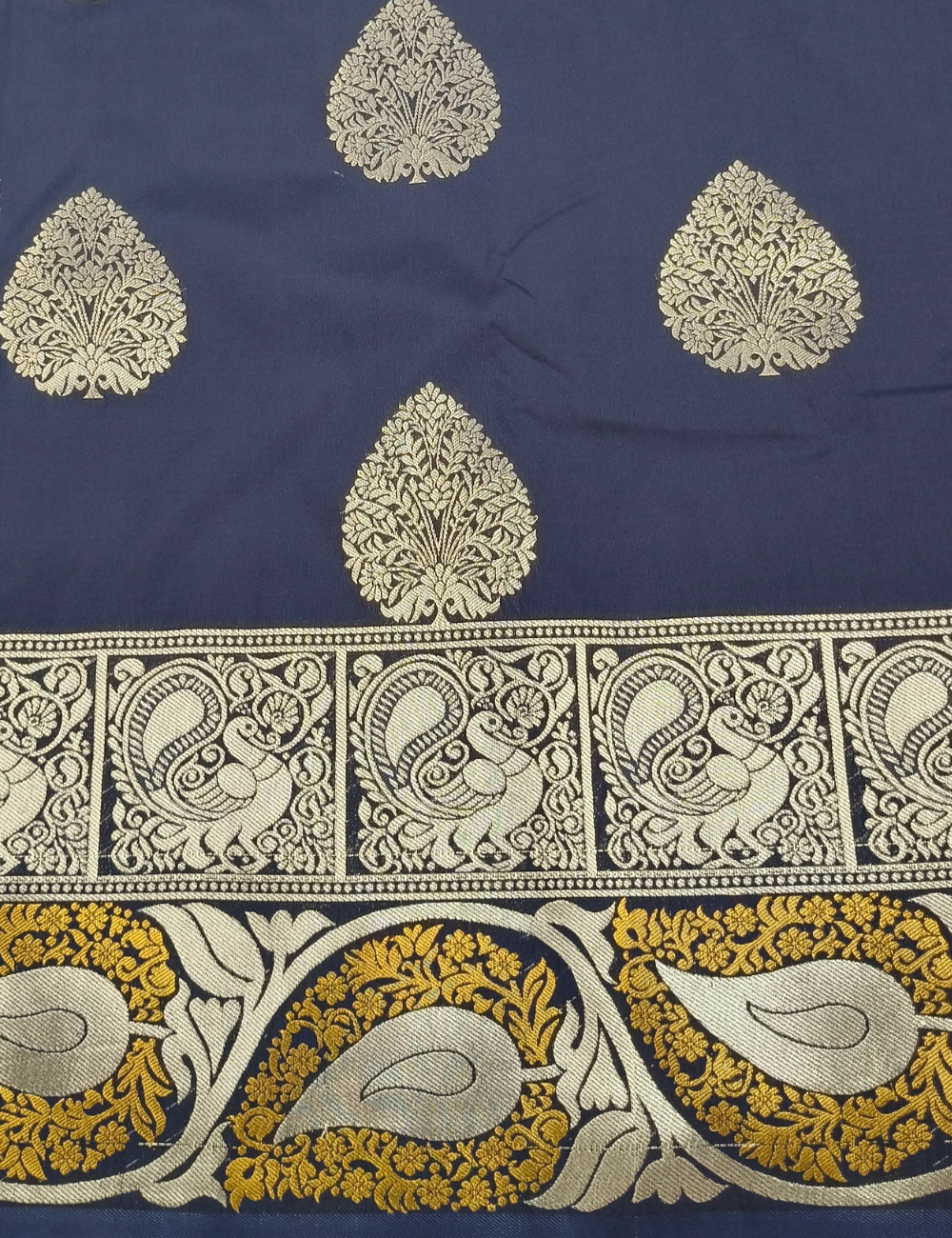 Floral Leaf Motifs With Darker Ink Blue Grand Wedding Soft Silk Saree