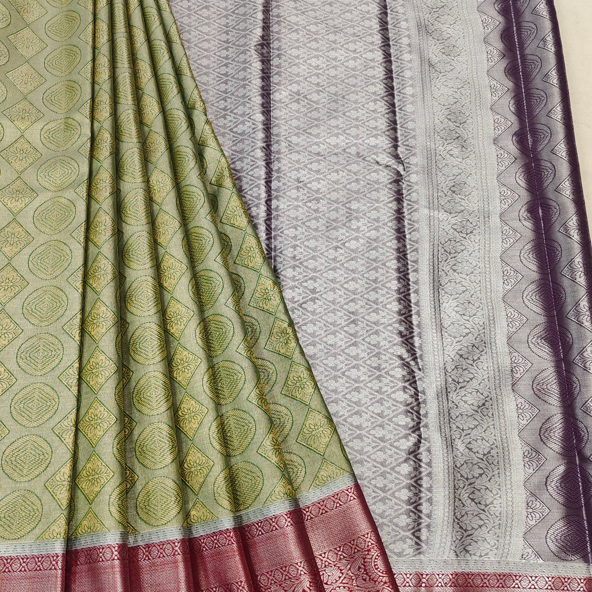 Circular Motifs Greenish Yellow Dual Tone Tissue Silk Saree