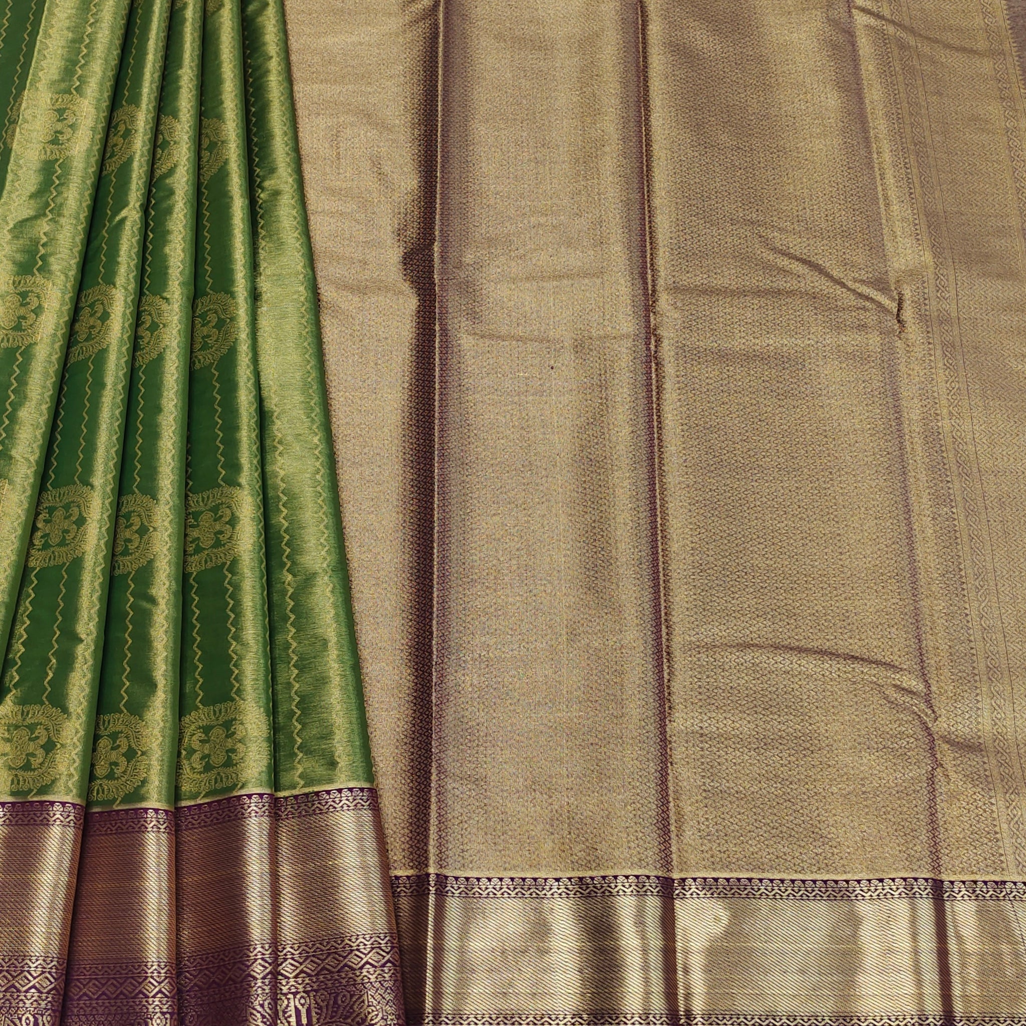 Wavy Motifs Muted Green Tissue Semi Silk Saree